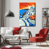 Painting by numbers art landscape sea of Greece with white houses and blue roofs